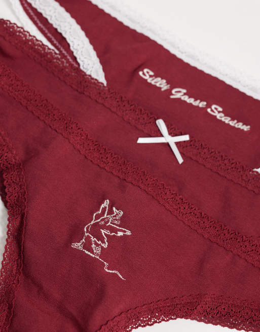 ASOS DESIGN 3-pack Christmas bomullsstringtrosor med spetskant och silly season-broderi i rött, 3 av 3