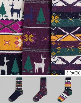 ASOS DESIGN 3 pack christmas fairisle ankle socks with reindeer designs (200848186)
