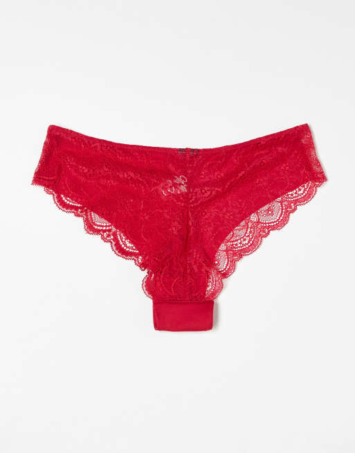 ASOS DESIGN 3 pack Christmas print no VPL & lace brazilian in cherry red, 3 of 3