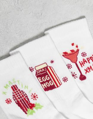 Asos Design 3-pack Christmas Socks With Drinks Graphic In White