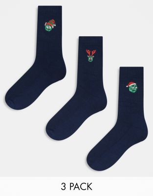 ASOS DESIGN 3 pack Christmas sprout socks in navy