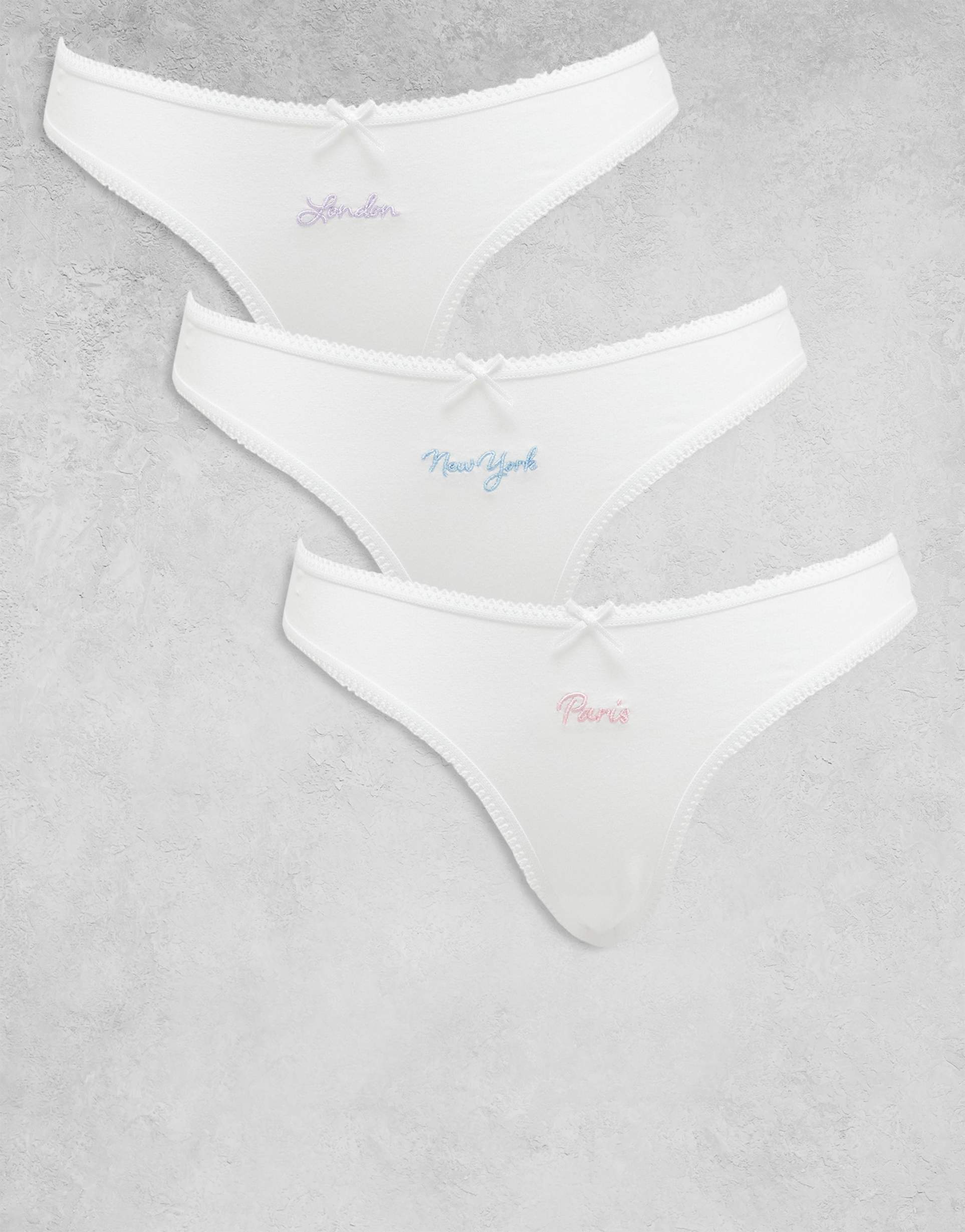 asos design 3 pack city embroidery cotton brazilian briefs with picot trim in white