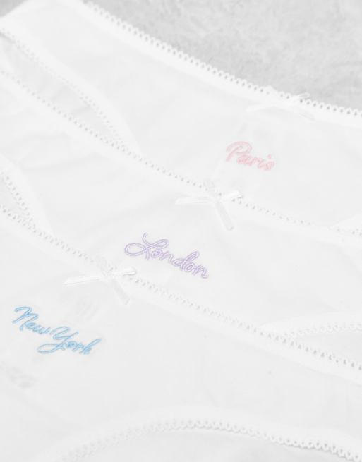 ASOS DESIGN 3 pack city embroidery cotton brazilian with picot trim in white, 3 of 3