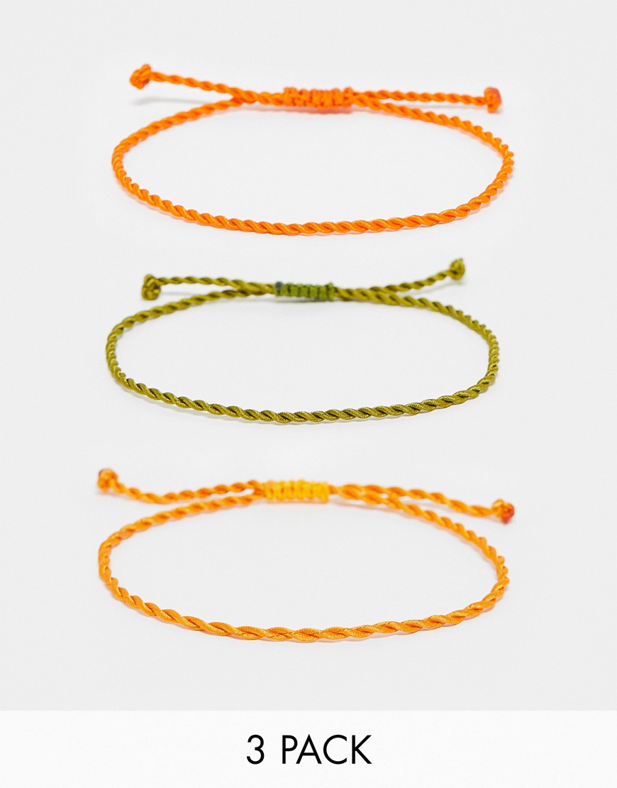 ASOS DESIGN 3 pack cord bracelet in orange and green-Multi