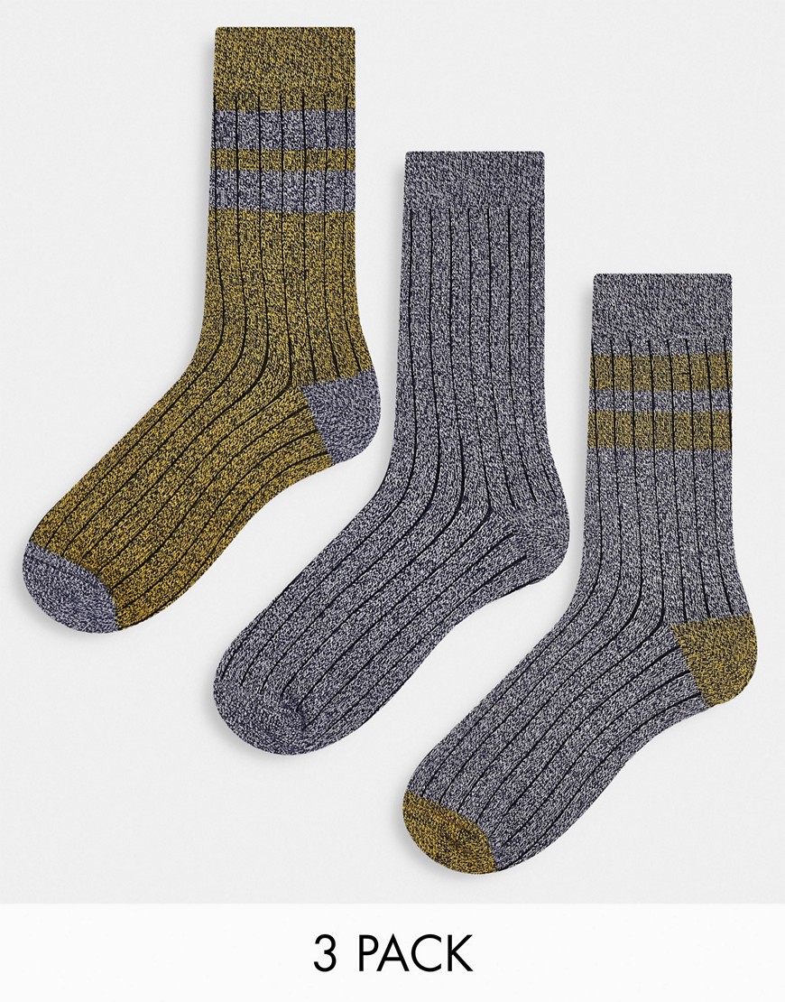 ASOS DESIGN 3-pack cotton chunky socks with stripes in blue and yellow-Multi