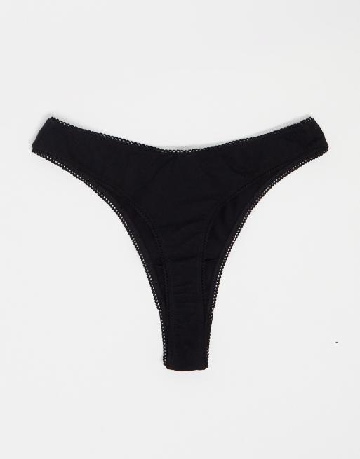 ASOS DESIGN 3-pack cotton high leg lingerie thongs with dipped front in black, 2 of 4