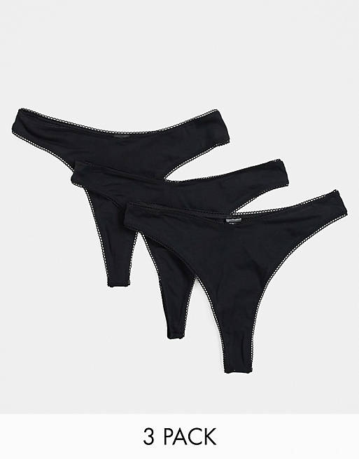 ASOS DESIGN 3 pack cotton high leg thong with dipped front in black