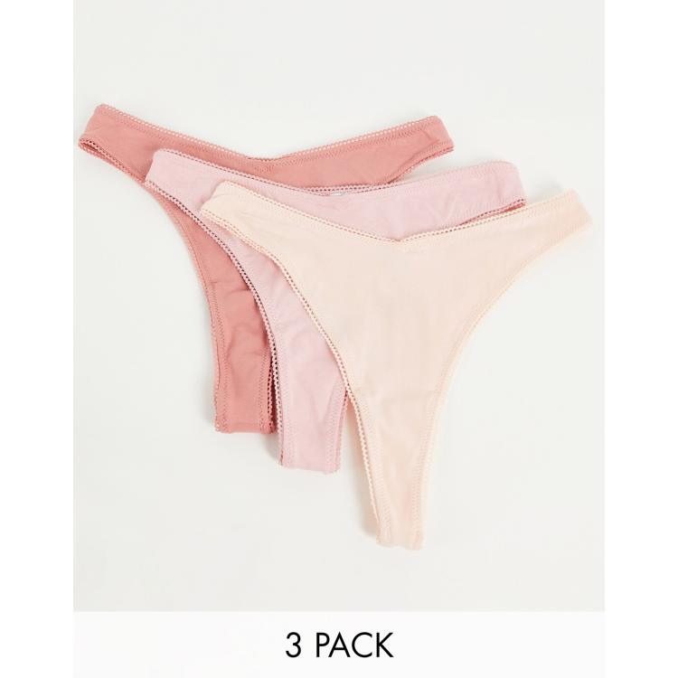 ASOS DESIGN 3 pack cotton high leg thong with dipped front in pinks