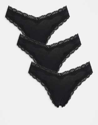 ASOS DESIGN 3 pack cotton high leg thong with lace trim in black