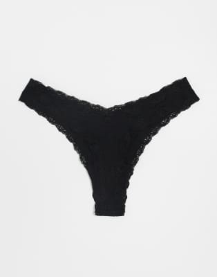 Asos Design 3 Pack Cotton High Leg Thongs With Lace Trim In Black
