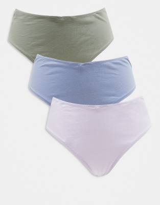 3 pack cotton high waist brazilian brief in dusty blue, khaki & lilac-Multi