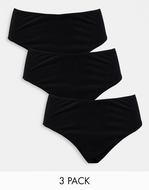 ASOS DESIGN 3 pack cotton & lace trim high rise malibu thong in black