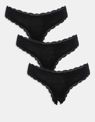 ASOS DESIGN 3 pack cotton & lace brazilian brief in black