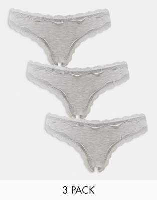 ASOS DESIGN ASOS DESIGN 3 pack cotton & lace brazilian brief in grey marl