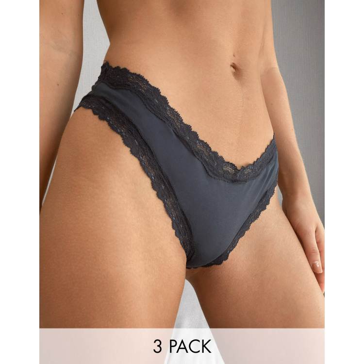 ASOS DESIGN 3 pack cotton & lace brazilian briefs in gray, white & navy