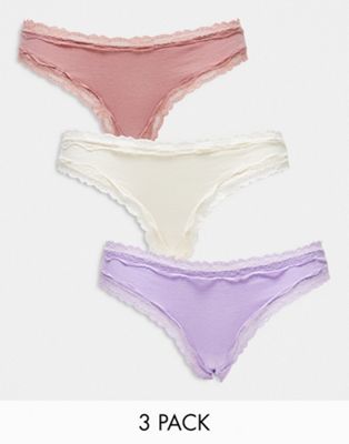 ASOS DESIGN 3 pack cotton & lace brazilian in lilac, pink and cream