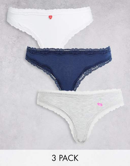 Asos Design 3 Pack Cotton And Lace Brazilian Knicker With Heart Breaker Motifs In Grey White 4423