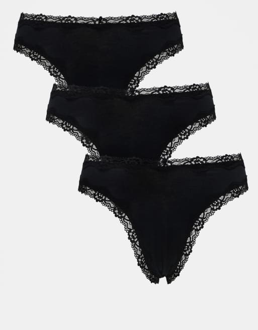 ASOS DESIGN 3-pack cotton & lace trim high rise Malibu lingerie thongs in black