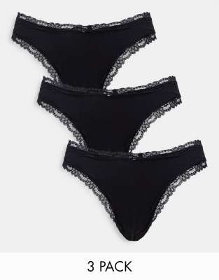 Asos Design 3 Pack Cotton & Lace Trim High Rise Malibu Thong In Black