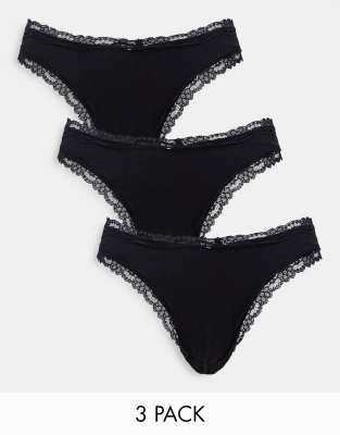 ASOS DESIGN 3 pack cotton & lace trim high rise malibu thong in black