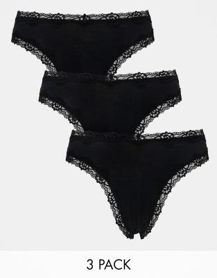 ASOS DESIGN ASOS DESIGN 3 pack cotton & lace trim high rise malibu thong in black