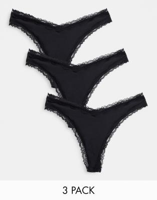 ASOS DESIGN 3 pack cotton & lace trim high rise malibu thong in black