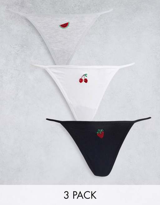 ASOS DESIGN 3 pack cotton t-back thong with fruit embroidery in black grey  & white