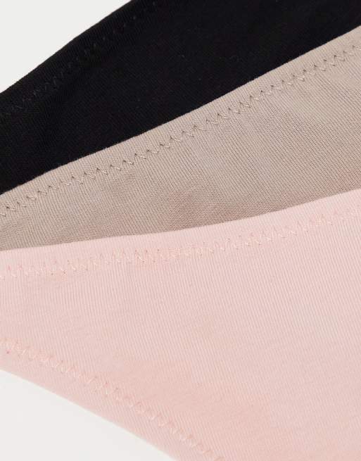 ASOS DESIGN 3 pack cotton tanga thong in taupe, pink & black, 3 of 4
