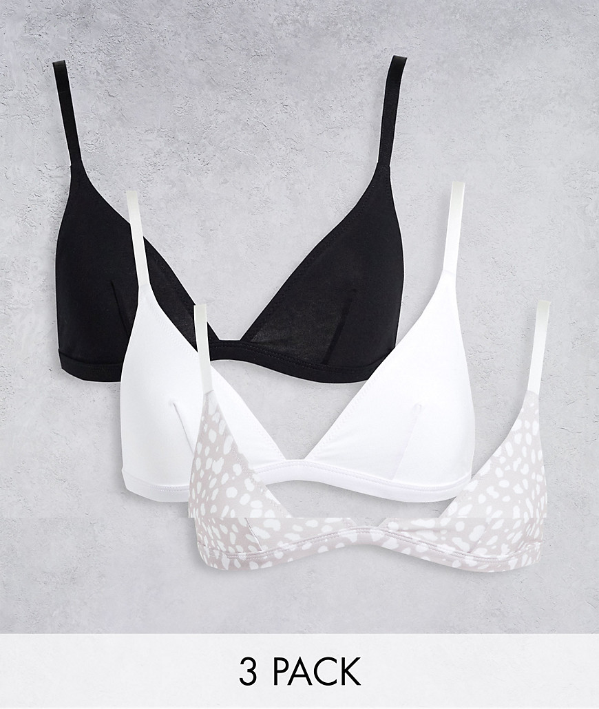 ASOS DESIGN 3 pack cotton triangle bra in splotch-Multi