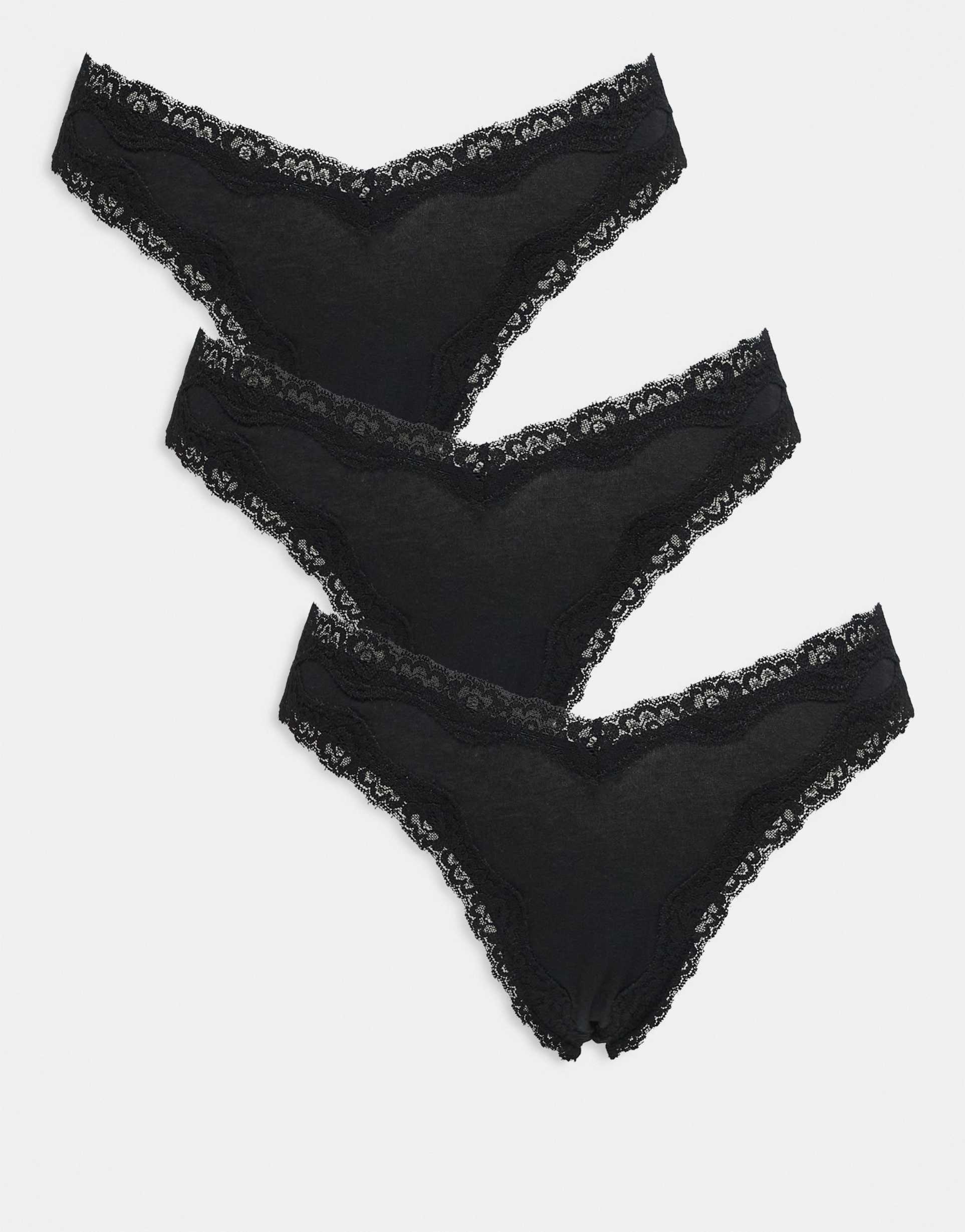 asos design 3 pack cotton v front high leg thong with lace trim in black