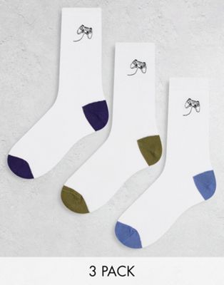 ASOS DESIGN 3 pack crew socks in white with gaming embroidery - ASOS Price Checker