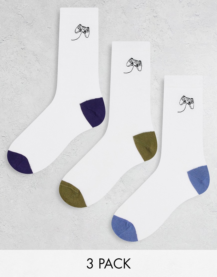 ASOS DESIGN 3 pack crew socks in white with gaming embroidery