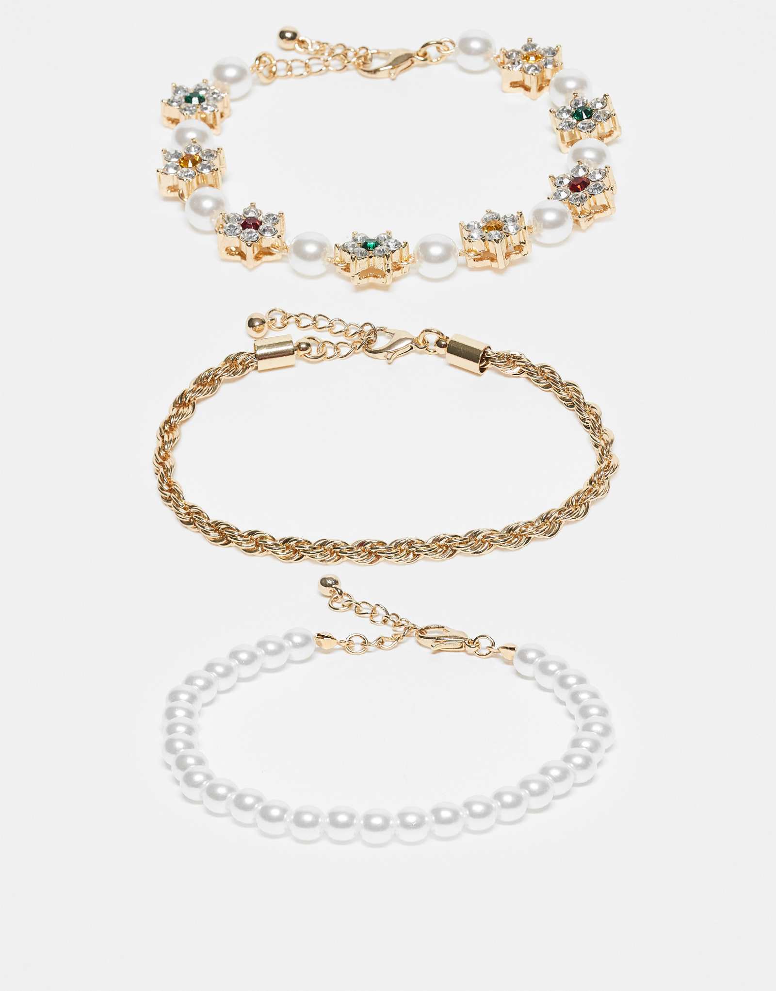 Браслет-цепочка ASOS DESIGN из золота с хрустальной звездой и жемчугом, 3 упаковки