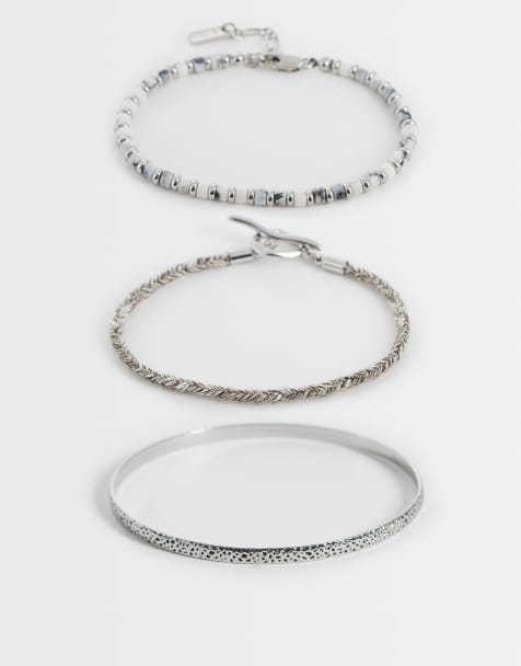 ASOS DESIGN 3 pack cuff and beaded bracelet in silver - view 1