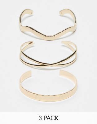 Asos Design 3-pack Cuff Bracelets With Mixed Designs In Gold Tone