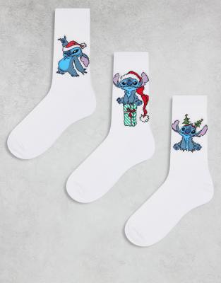 ASOS DESIGN 3 pack Disney Christmas Stitch socks in ecru-White