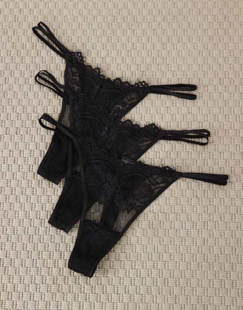ASOS DESIGN 3 pack double strap eyelash lace tanga thong in black - view 1