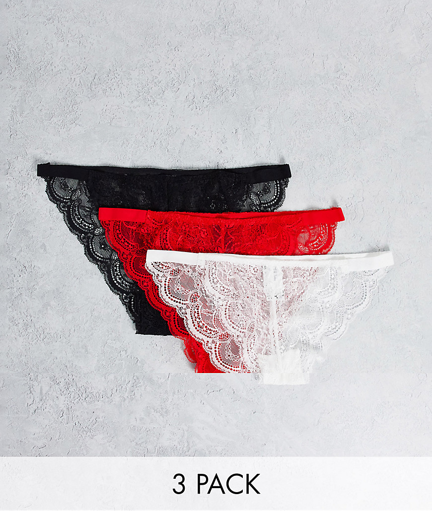 ASOS DESIGN 3 pack elastic tanga & lace brazilian in black white & red-Multi