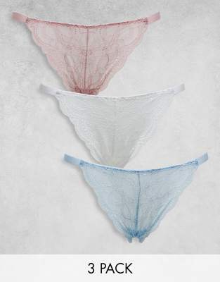 ASOS DESIGN ASOS DESIGN 3 pack elasticated tanga & lace brazilian in baby blue rose bud white-Multi