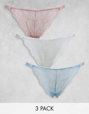 ASOS DESIGN 3 pack elasticated tanga & lace brazilian in baby blue, rose  bud, white