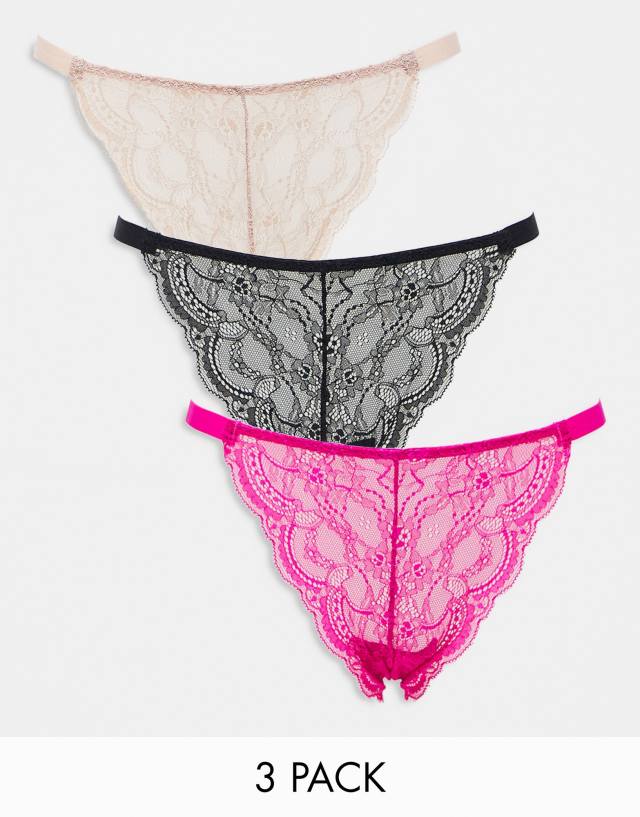 ASOS DESIGN 3 pack elasticated tanga & lace brazilian in taupe black and cerise