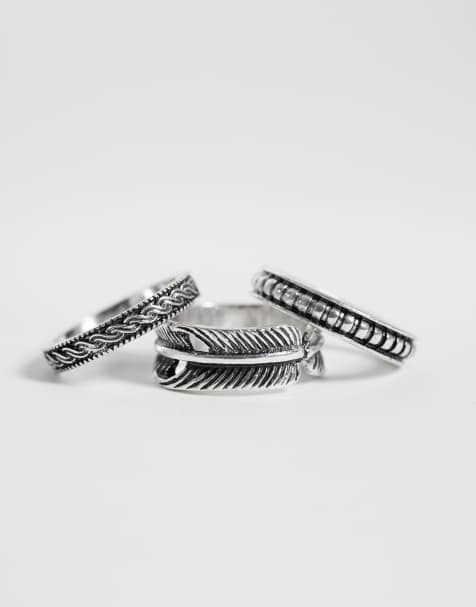 ASOS DESIGN 3 pack engraved detail and feather ring in silver - view 1