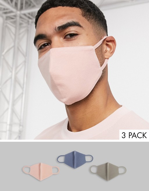 ASOS DESIGN 3 pack organic cotton face covering in dusky pink grey and blue jersey