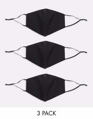 ASOS DESIGN 3 PACK FACE COVERINGS WITH ADJUSTABLE STRAPS AND NOSE CLIP IN BLACK BLACK3PACK