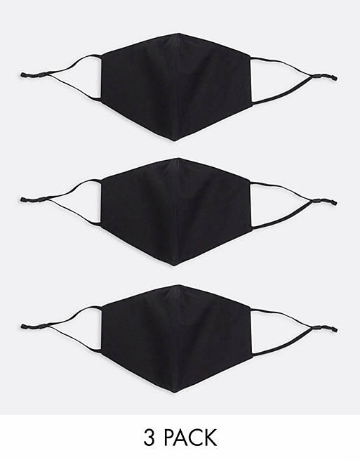 ASOS DESIGN 3 pack face coverings with adjustable straps and nose clip in black