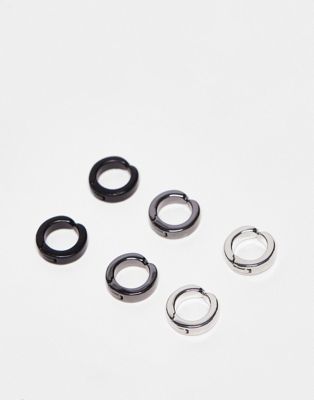 ASOS DESIGN 3 pack faux hoop earrings set in silver gunmetal and matte black tone