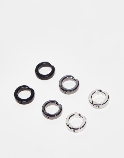 ASOS DESIGN 3 pack faux hoop earrings set in silver gunmetal and matte black tone