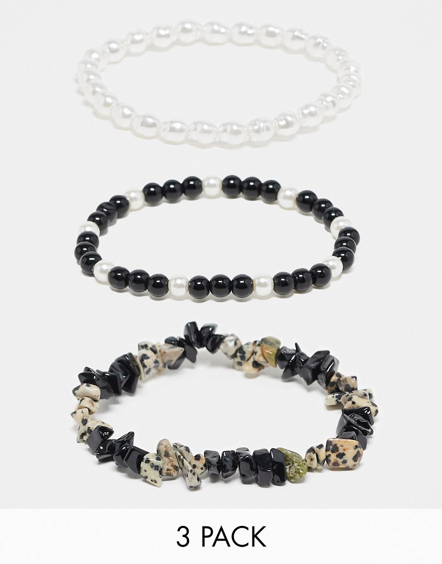 3 pack faux pearl and black chip beaded bracelet-Multi