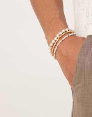 ASOS DESIGN 3 pack faux pearl and metal bead bracelets in gold tone