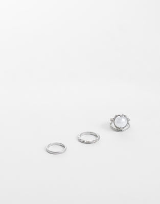 Asos Design 3 Pack Faux Pearl And Twisted Band Ring In Silver